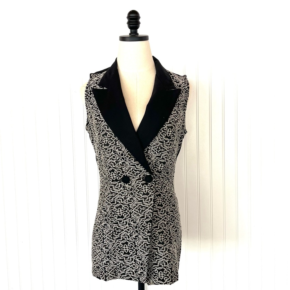 Vintage Black and White Tapestry Women's Long Vest Formal Medium Asian Style